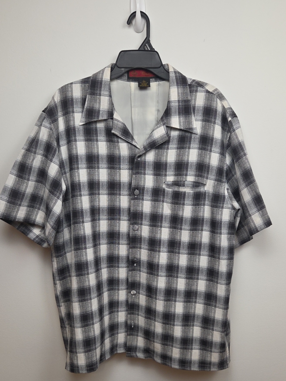 Vitaliano Linen Blend Black & White Gingham Plaid Short-Sleeve Button-Up Shirt L